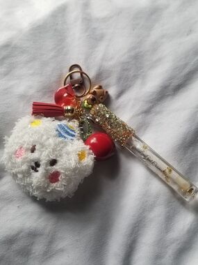 Fuzzy Wuzzy White Bear Cloud Keychain with Red Tassel and Gold Accents